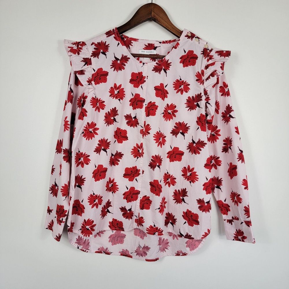 Free Assembly Women's Size‎ Small Pink Red Floral Long Sleeve Blouse